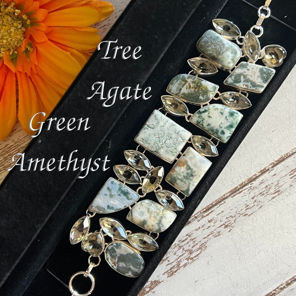 Tree Agate Green Amethyst Bracelet Handmade Stone Gemstone 925 Silver Large New!